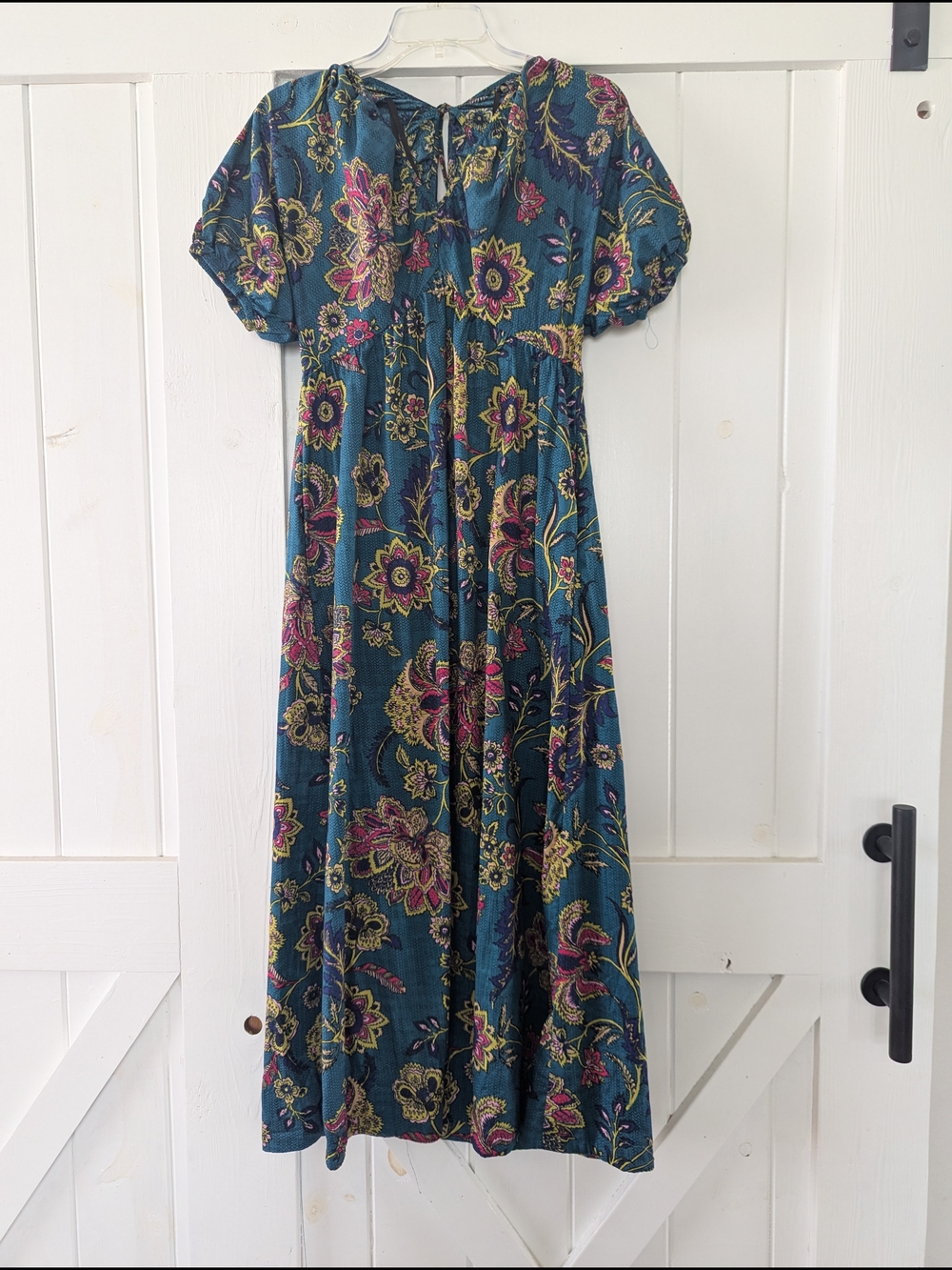 Teal Floral Maxi Dress with Puff Sleeves